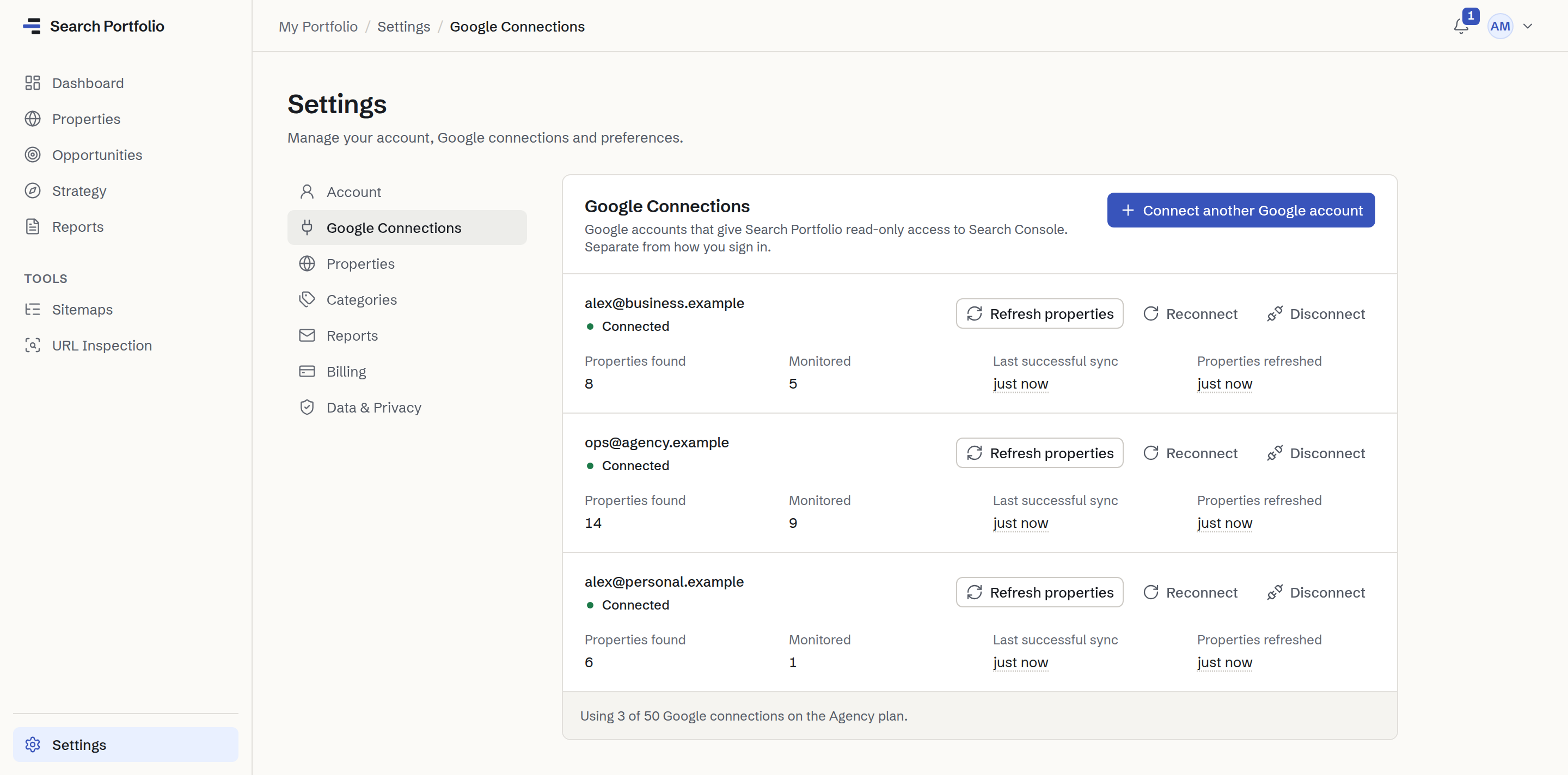 Settings → Google Connections: 3 Google accounts connected with read-only access to Search Console (alex@business.example: 8 properties found; ops@agency.example: 14 properties found; alex@personal.example: 6 properties found), each with how many of its properties are monitored and when it last synced.
