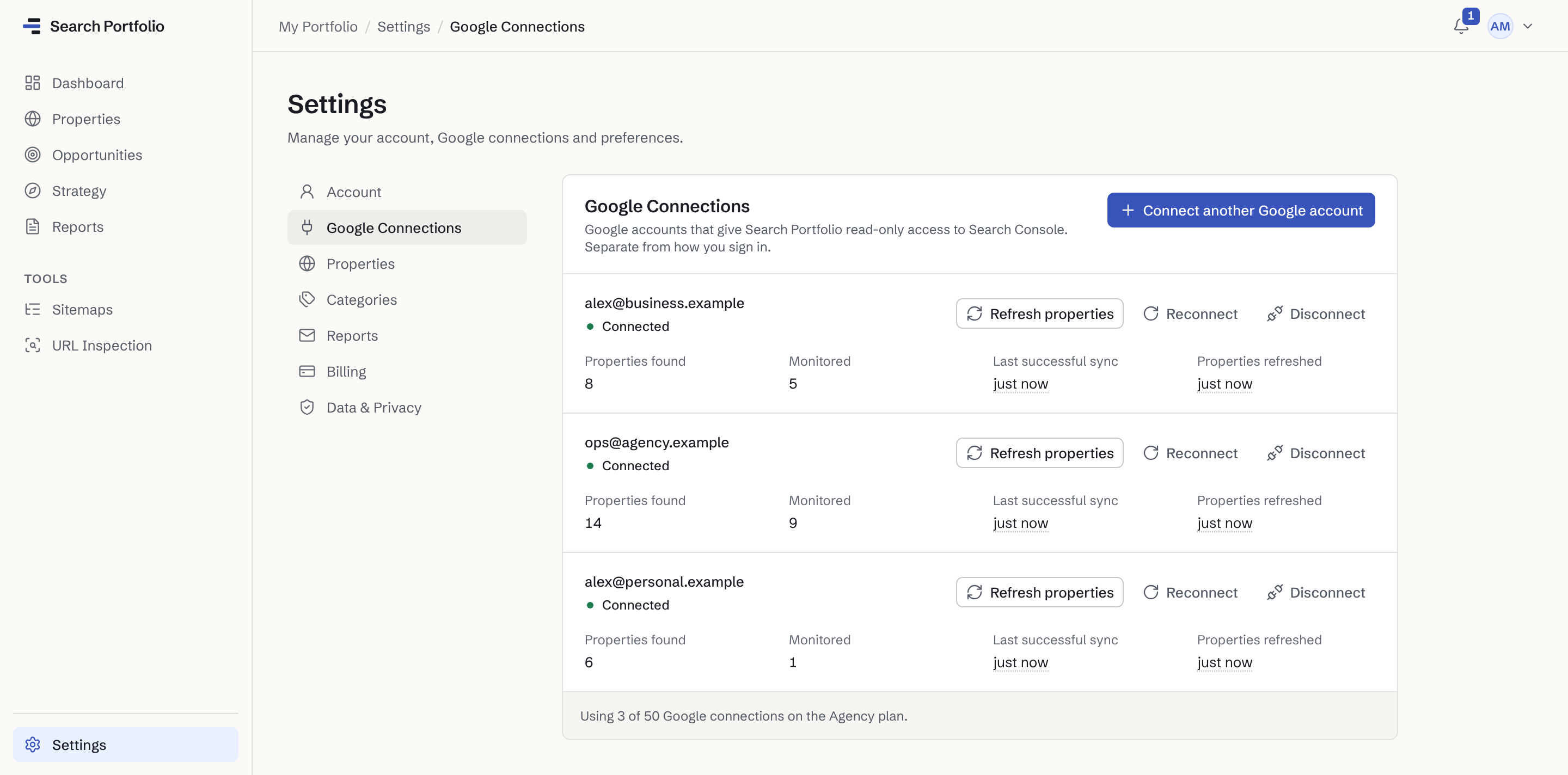 Settings → Google Connections: 3 Google accounts connected with read-only access to Search Console (alex@business.example: 8 properties found; ops@agency.example: 14 properties found; alex@personal.example: 6 properties found), each with how many of its properties are monitored and when it last synced.
