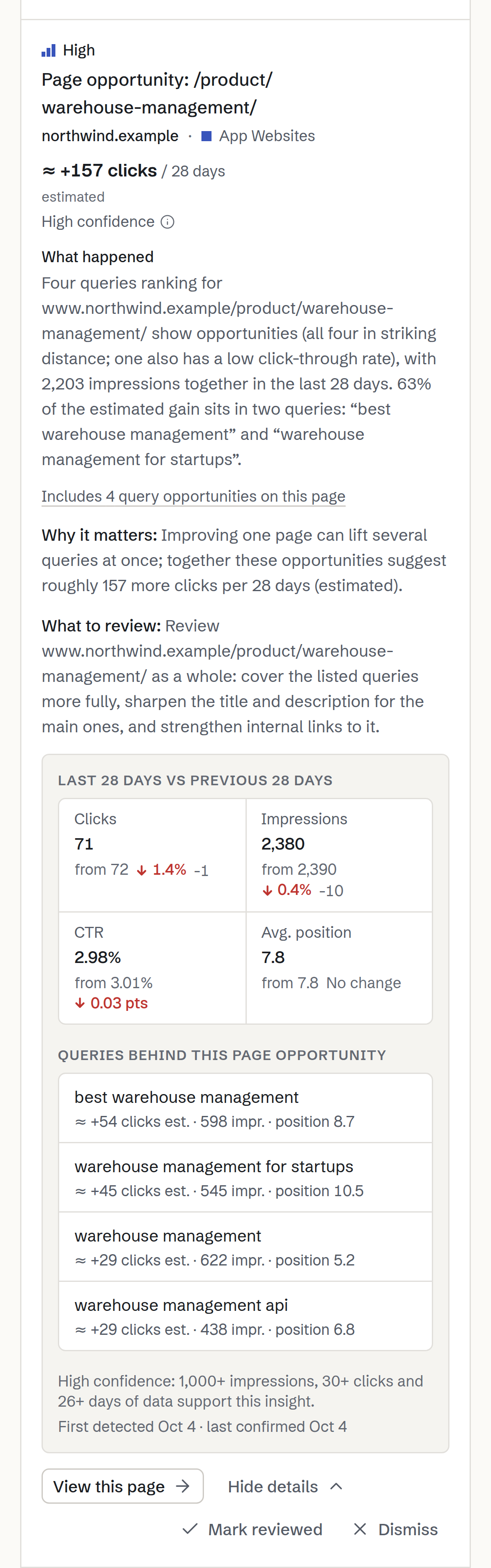 A page opportunity on a phone, “Page opportunity: /product/warehouse-management/” on northwind.example: about 157 more clicks per 28 days (estimated), high confidence, then what happened, why it matters and what to review.