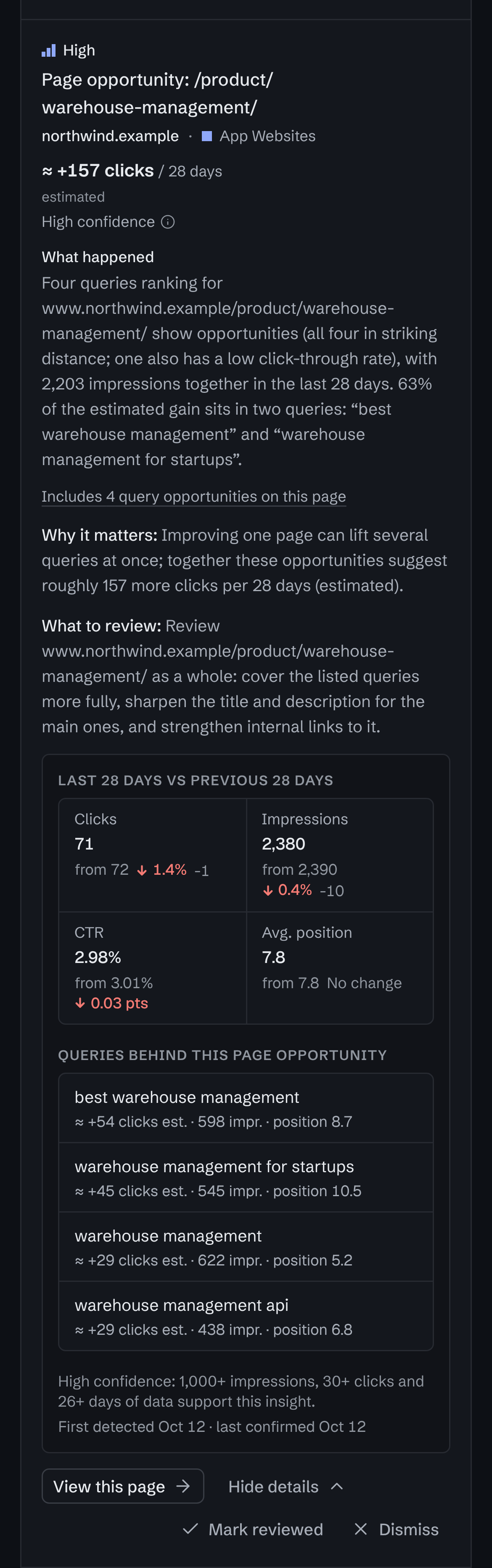 A page opportunity on a phone, “Page opportunity: /product/warehouse-management/” on northwind.example: about 157 more clicks per 28 days (estimated), high confidence, then what happened, why it matters and what to review.
