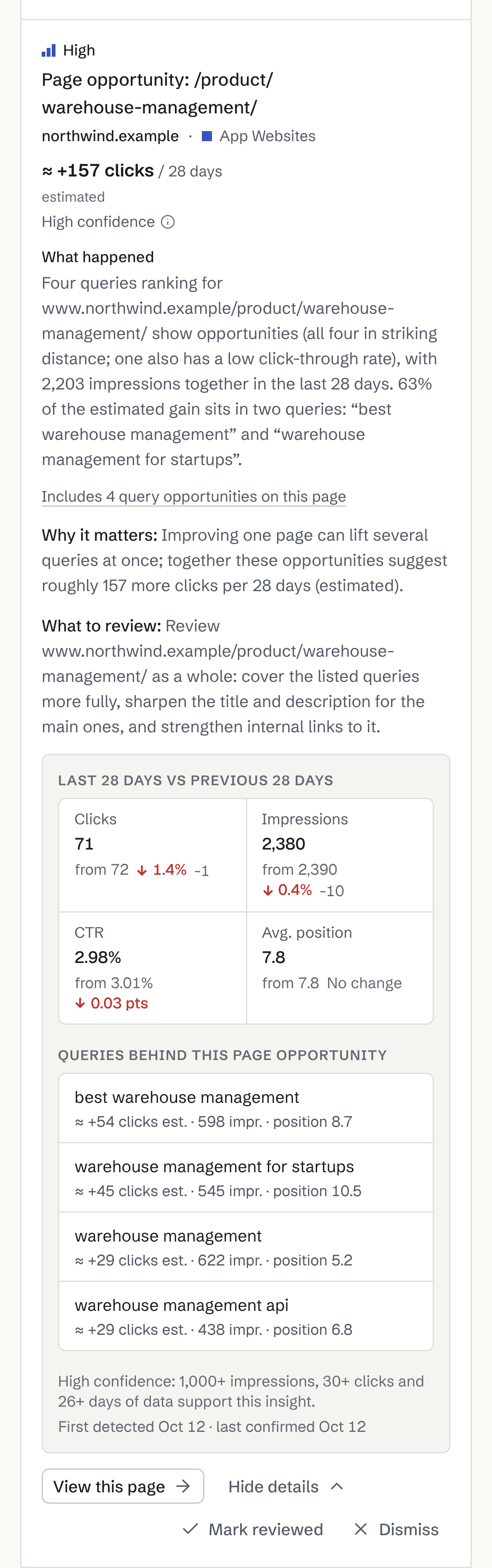 A page opportunity on a phone, “Page opportunity: /product/warehouse-management/” on northwind.example: about 157 more clicks per 28 days (estimated), high confidence, then what happened, why it matters and what to review.